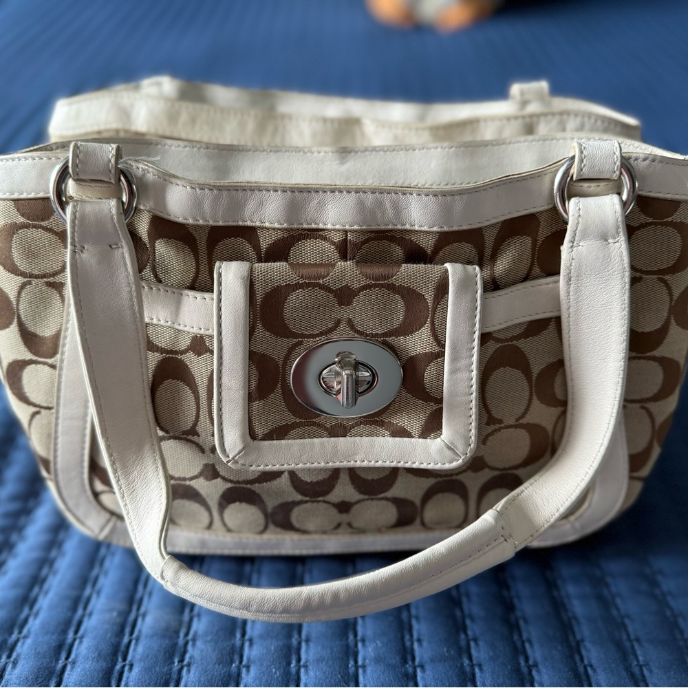 Coach Brown and Cream Shoulder Bag with Signature Monogram
